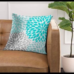 Set of 2 Teal & Gray Floral Print Toss Pillow Decorative Covers 16” x 16” NEW!